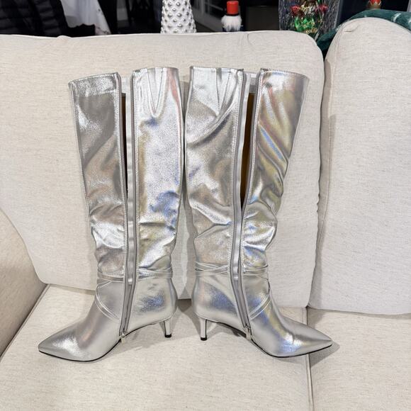 Metallic Silver Stiletto High Heel Knee High Boots Womens Sz 7M NWOT Club Glam - Picture 4 of 11